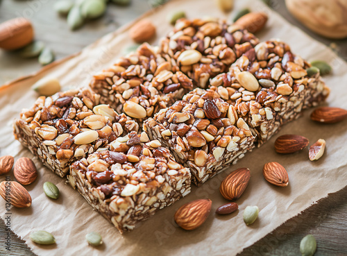 Nutritious snack bars made with assorted nuts and seeds on a rustic wooden table, perfect for a healthy treat any time of the day