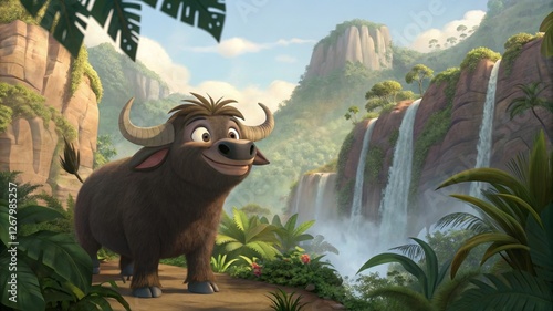 Fototapeta Naklejka Na Ścianę i Meble -  Joyful buffalo at majestic waterfall lush landscape animated scene vibrant jungle environment playful concept