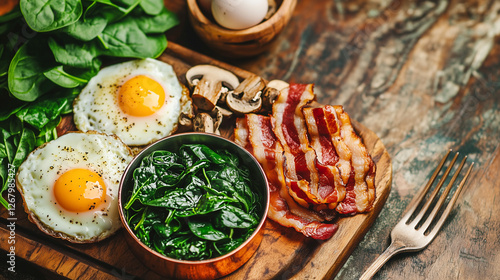 Delicious breakfast spread featuring eggs, bacon, spinach, and mushrooms on a rustic wooden board