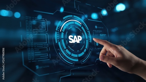 Finger interacting with a digital interface displaying the SAP logo
