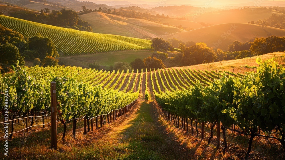 Fototapeta premium National Geographic Lush vineyard on rolling hills, bathed in golden evening sunlight.