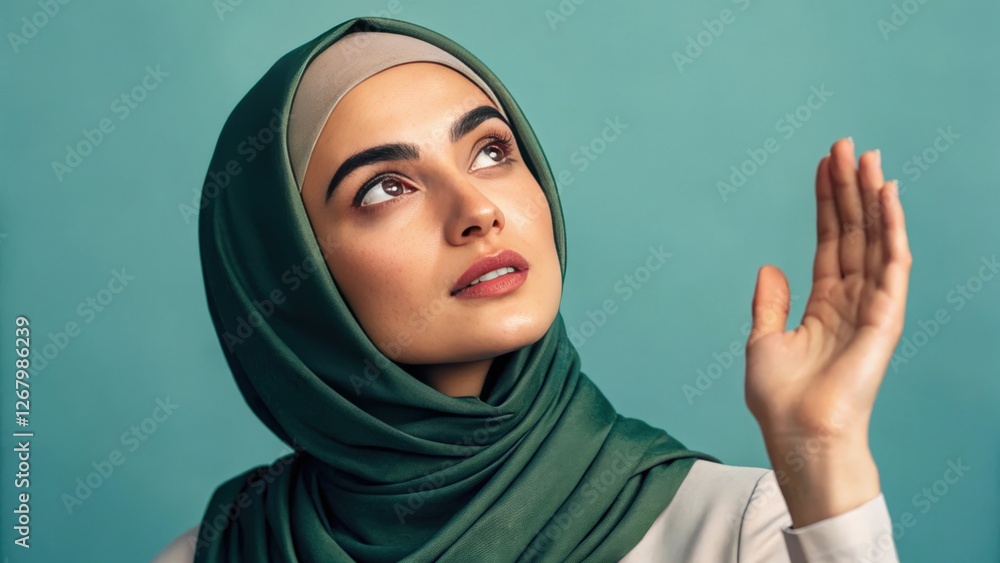 A young woman wearing a hijab, looks upward with a thoughtful expression, her hand gently raised. The teal background enhances the serene atmosphere. A young woman wearing a hijab, looks upward with a thoughtful expression, her hand gently raised. The teal background enhances the serene atmosphere.