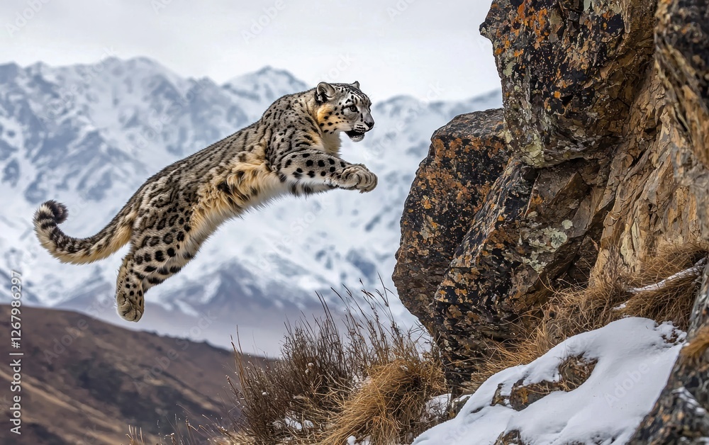 Fototapeta premium National Geographic Majestic Snow Leopard leaping between jagged cliffs, its thick fur blending into the icy Himalayan landscape