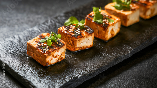 Grilled tofu cubes garnished with herbs and spices on a dark rectangular plate