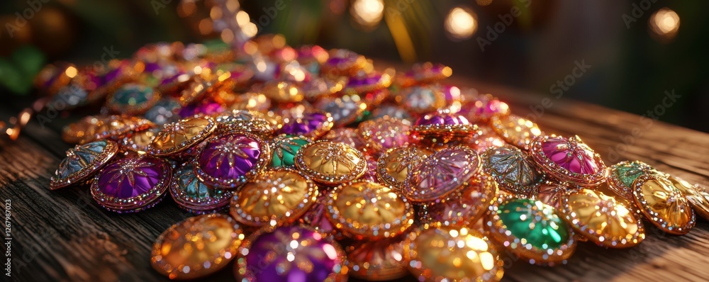 A colorful array of sparkling gemstones and coins displayed on a wooden surface, creating a vibrant and enchanting atmosphere. A colorful array of sparkling gemstones and coins displayed on a wooden surface, creating a vibrant and enchanting atmosphere.