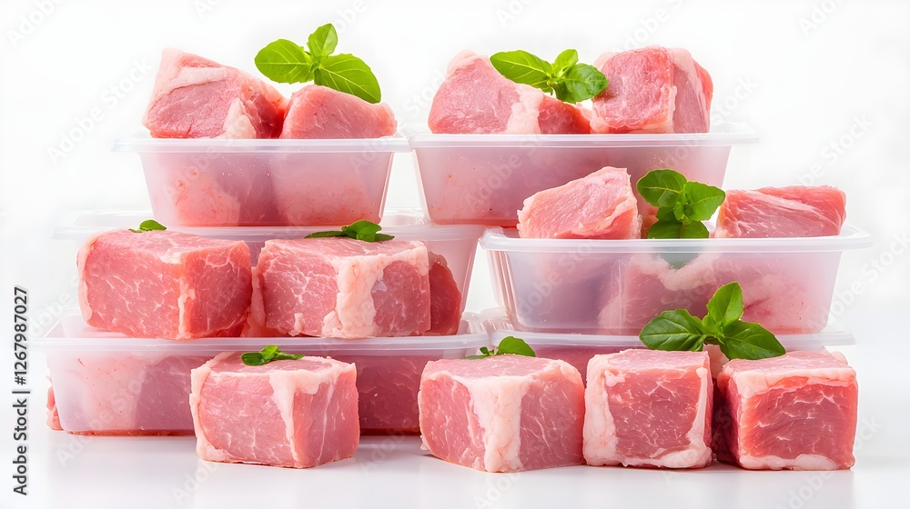 Fresh Cut Pork Chunks on White Background with Green Herbs Fresh Cut Pork Chunks on White Background with Green Herbs
