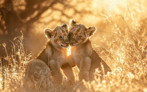 National Geographic Playful Young Lion Cubs wrestling in the tall grass, golden fur glowing in the African sunlight, dust rising around them photo