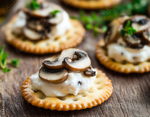Delicious appetizer topped with creamy cheese and sautéed mushrooms on a crispy cracker served at a casual gathering