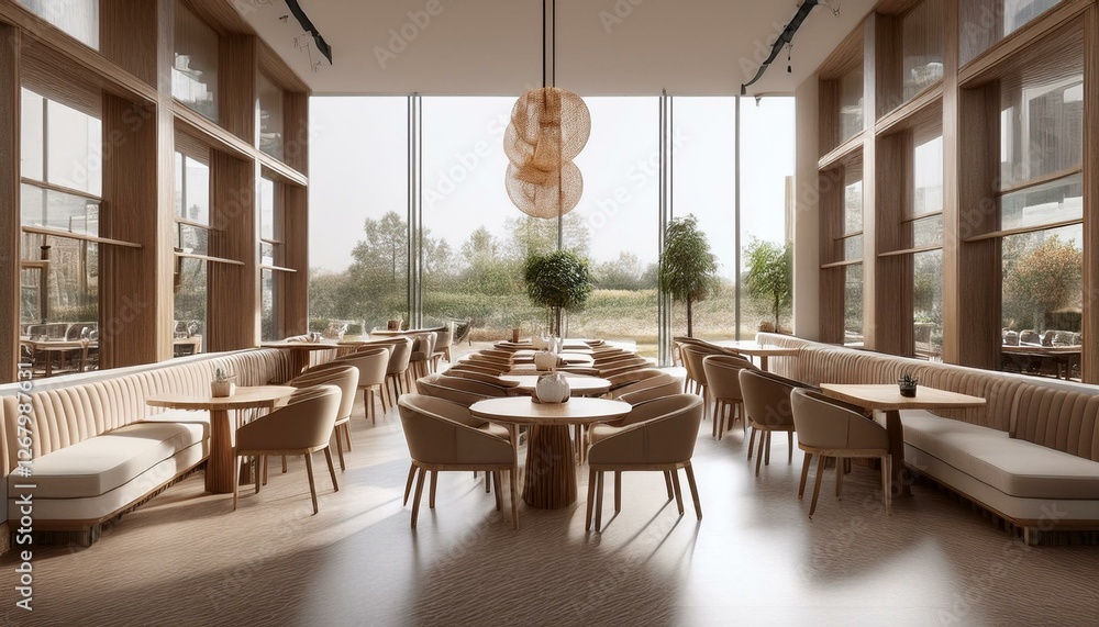 Upscale cafe with cushioned fabric chairs and polished marble tables in a symmetrical layout Upscale cafe with cushioned fabric chairs and polished marble tables in a symmetrical layout