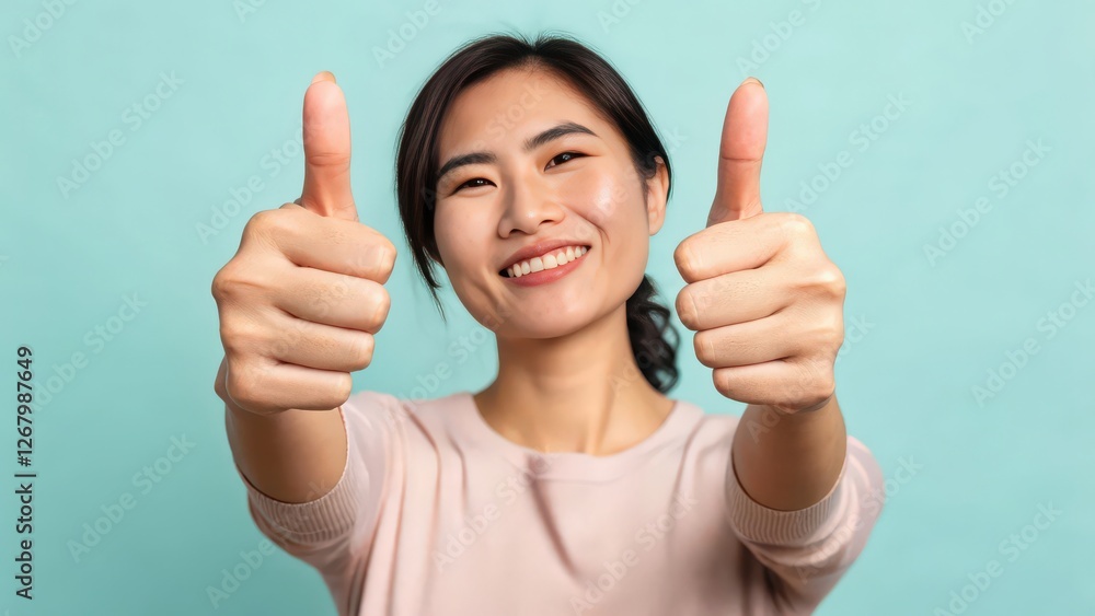 Happy woman giving thumbs up gesture, positive feedback, approval. Happy woman giving thumbs up gesture, positive feedback, approval.