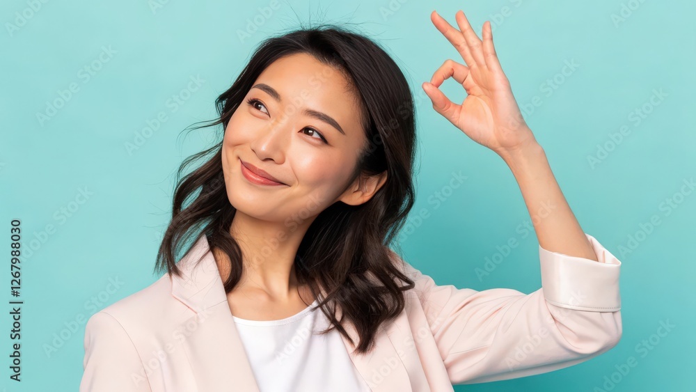 Fototapeta premium a young woman with long black hair wearing a white t-shirt and a pink blazer smiling and making an okay gesture with her hand. She looks confident and happy, with a radiant smile.