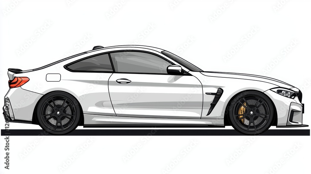 A sleek, white sports car illustrated from the side view. A sleek, white sports car illustrated from the side view.