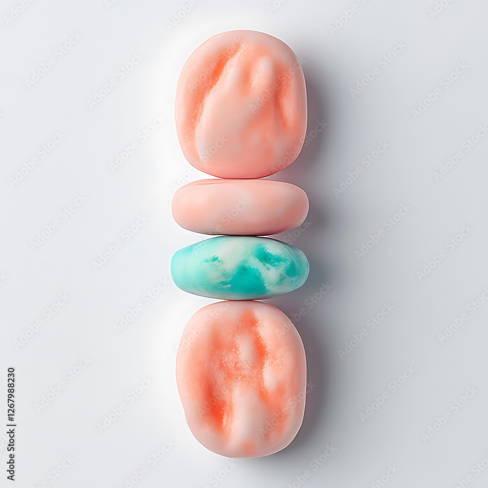 Stacked pastel-colored soap bars with a teal bar in the middle on a white background. Stacked pastel-colored soap bars with a teal bar in the middle on a white background.