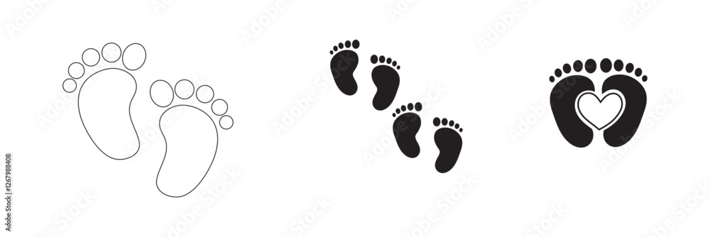 Fototapeta premium Baby footsteps vector illustration set pairs of colorful foot prints in flat style. White background. Variety colorful Design.