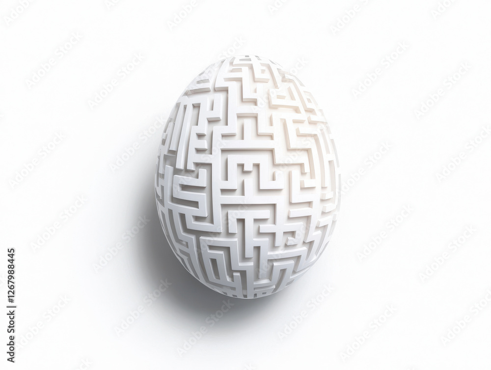 Intricate white maze design on egg, symbolizing puzzle challenge Intricate white maze design on egg, symbolizing puzzle challenge