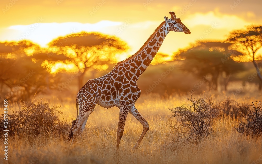 Obraz premium , National Geographic Towering Giraffe gracefully moving through golden African plains, acacia trees in the distance, warm sunset casting a glow