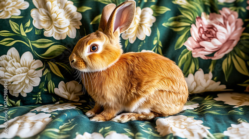 Ginger bunny sits nestled against a floral green-toned cushion its fur appearing soft and lustrous.