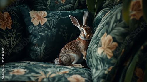Rabbit perched amidst lush floral upholstery its attentive gaze adding a touch of wildlife charm to a cozy corner.
