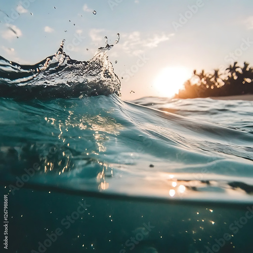 Ocean wave cresting near a tropical shore illuminated by the golden light of the setting sun.