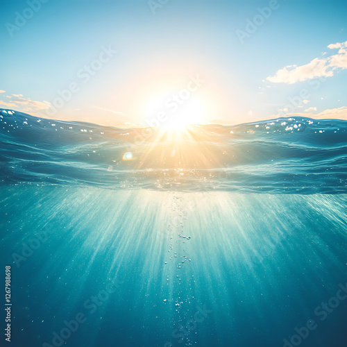 Sunlight streams into the ocean depths illuminating the clear turquoise water from above and below the surface.