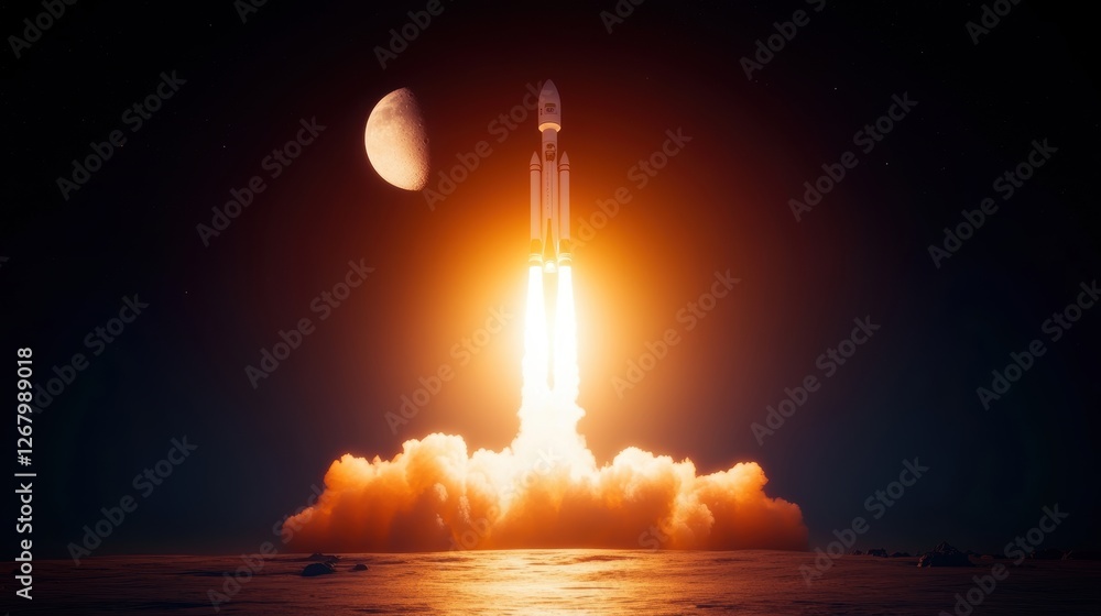 Fototapeta premium A rocket launches into space, illuminating the night sky near a moon.