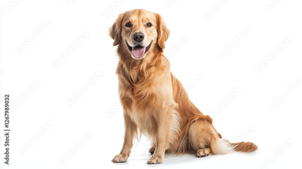 Playful golden retriever with a happy expression sitting on a bright white background. Playful golden retriever with a happy expression sitting on a bright white background.