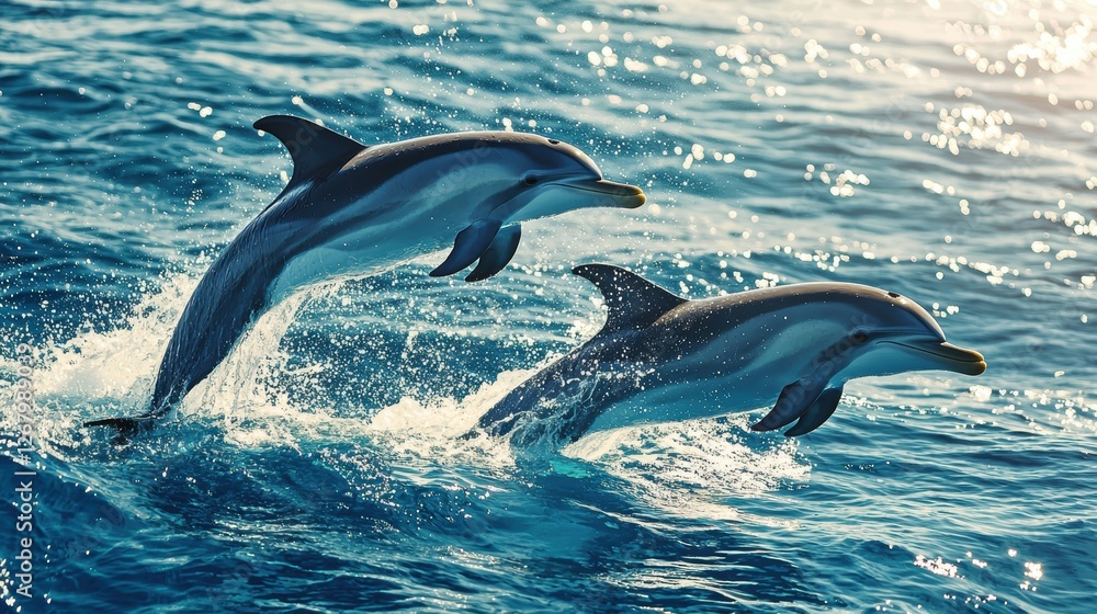 Fototapeta premium Playful dolphins leaping out of the turquoise ocean, splashes shimmering in the sunlight.
