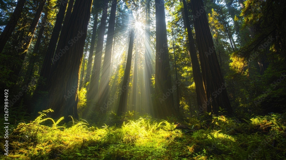 Fototapeta premium Towering redwood forest with sunlight piercing through the dense canopy, illuminating the mossy forest floor.
