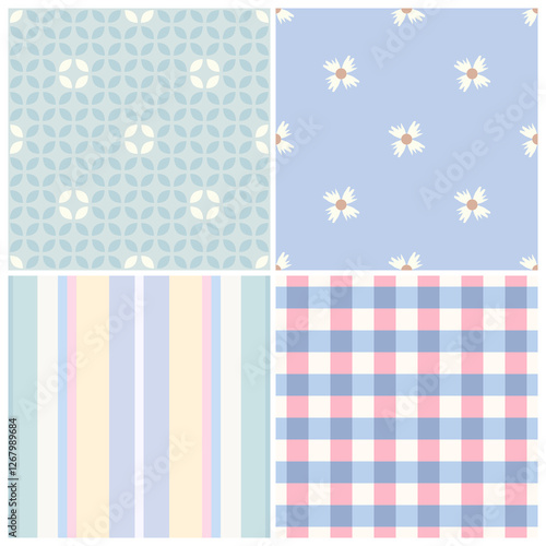 Seamless patterns set pastel colors backgrounds collection. Modern fabric design textile swatch all over print block for children's bedding. High resolution image digital illustration vector graphic.