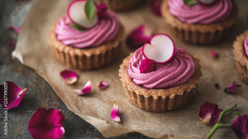 Beautifully decorated canapés with purple cream and flower petals on a rustic wooden table.