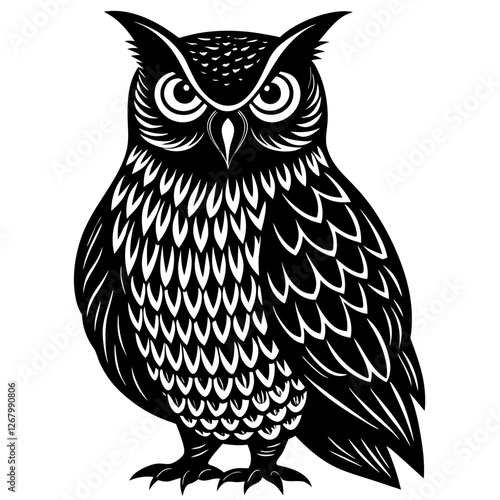 great horned owl bird black silhouette vector, Simple silhouette Design vector icon with white background. Wild Animal Vector. Bird Vector 