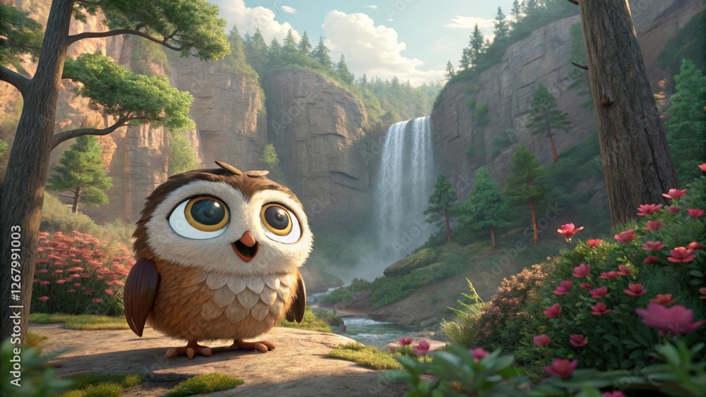 Fototapeta premium Charming owl character enjoys nature by majestic waterfall fantasy landscape animated scene vibrant environment