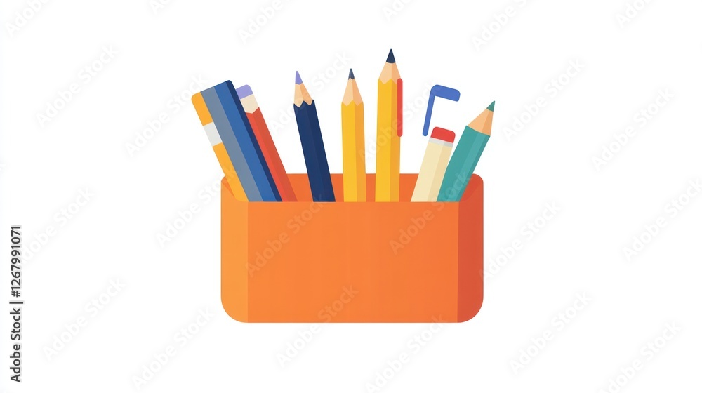 Fototapeta premium Colorful pencils in orange holder, office supplies, white background, stationery