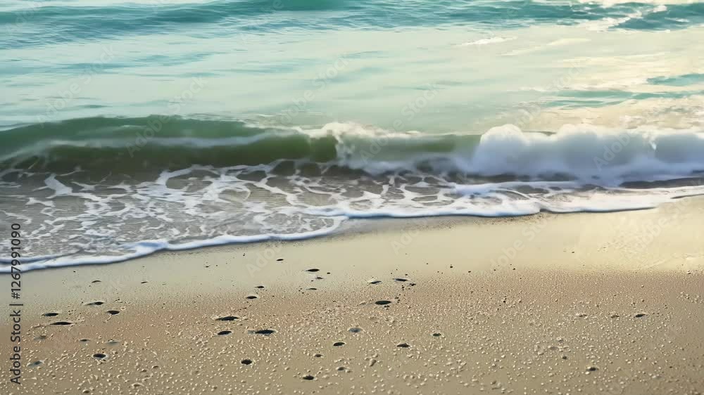 Tranquil ocean waves gently washing over sandy beach as tide recedes in serene coastal scene