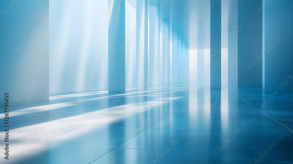 Blue modern hallway, sunlit, empty, reflective floor, architecture Blue modern hallway, sunlit, empty, reflective floor, architecture