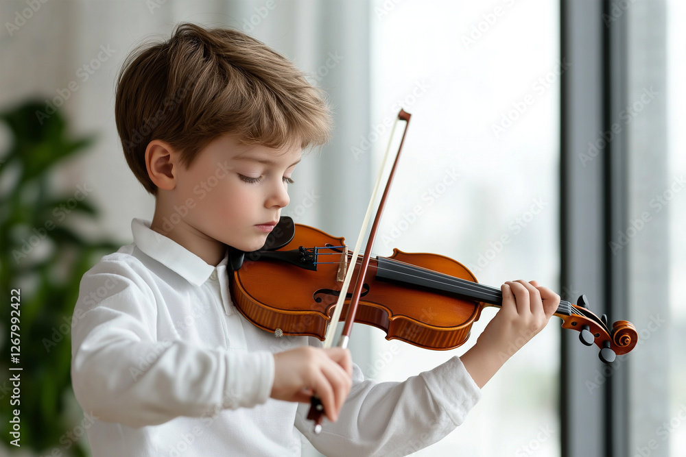 Child practicing violin indoors in a well-lit modern room with a calm atmosphere Child practicing violin indoors in a well-lit modern room with a calm atmosphere