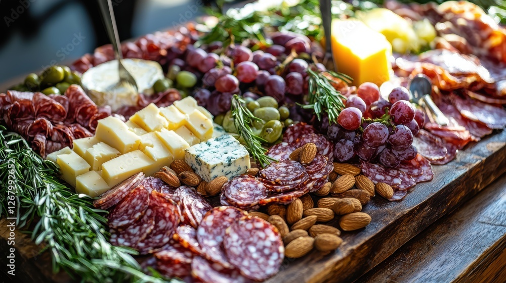 A gourmet charcuterie board with an assortment of cheeses, meats, nuts, and grapes. A gourmet charcuterie board with an assortment of cheeses, meats, nuts, and grapes.