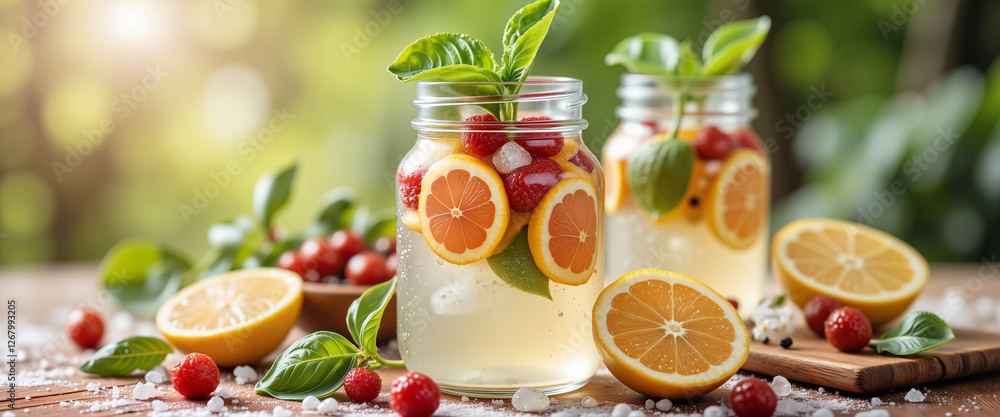 Refreshing detox water with citrus and berries on wooden surface, wellness Refreshing detox water with citrus and berries on wooden surface, wellness