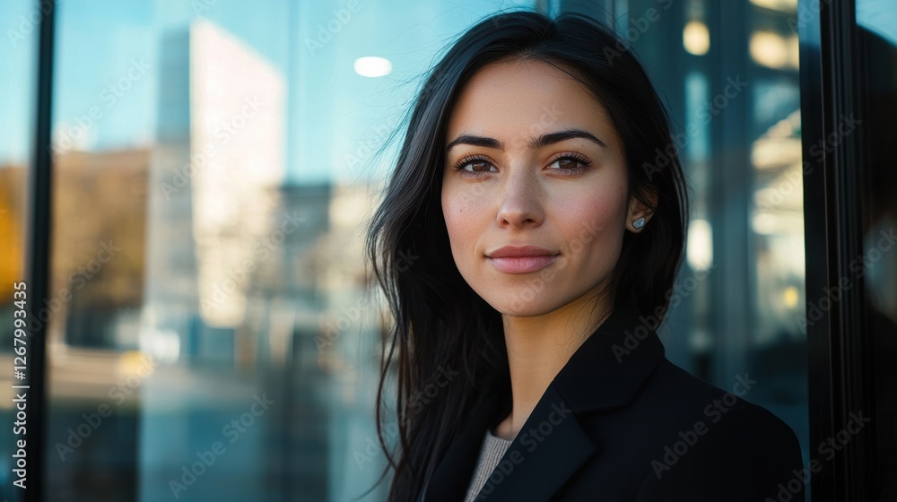 Businesswoman with sleek dark hair standing outside an upscale conference center, glass panels reflecting the city. Businesswoman with sleek dark hair standing outside an upscale conference center, glass panels reflecting the city.