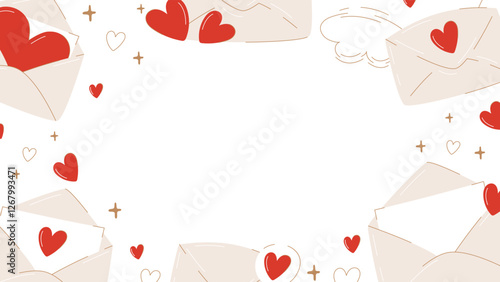 Banner with love letters frame. Envelope with declaration of love and hearts. Isolated white background with space for text in the middle. Vector illustration for invitation, romantic holiday, poster