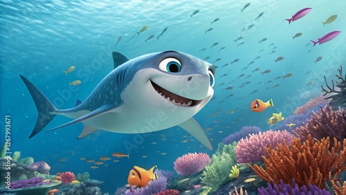 Fototapeta Naklejka Na Ścianę i Meble -  Animated shark adventure underwater coral reef digital art vibrant ocean playful perspective marine life exploration