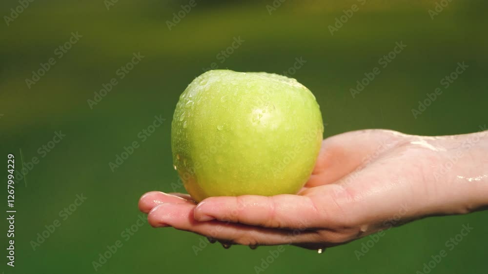 Person holding green apple washes fruit preparing for eating. Person holds apple in hand sprinkling with fresh water to make juicier and cleaner. Person holds large green wet apple on hand