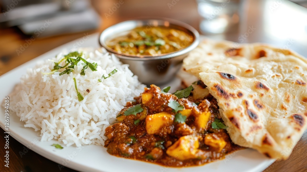 A plated meal featuring spicy mango pickle with flatbread and rice, highlighting its rich texture and vibrant color in a traditional serving style. A plated meal featuring spicy mango pickle with flatbread and rice, highlighting its rich texture and vibrant color in a traditional serving style.