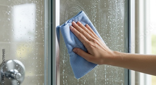 Wiping the glass of the shower cabin