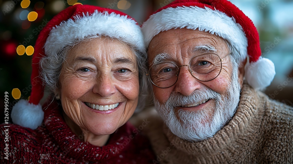 Senior couple, Christmas hats, home, festive lights, holiday card Senior couple, Christmas hats, home, festive lights, holiday card