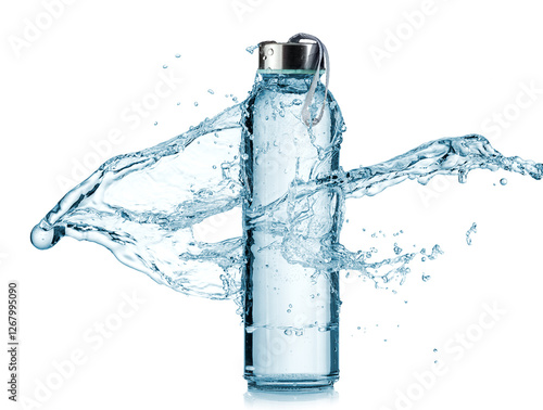 Sport glass water bottle splash on white background, studio shot