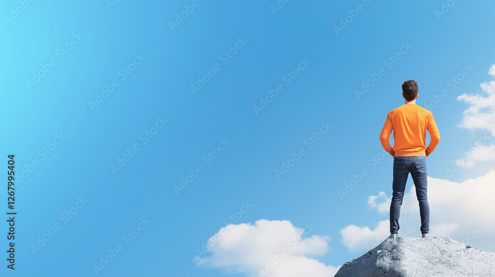 Standing on a rocky outcrop under a vast blue sky, a man reflects on his journey in an inspiring moment of solitude