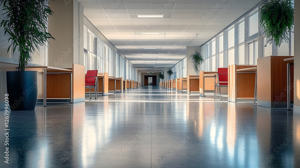 An office hallway with empty desks. An office hallway with empty desks.