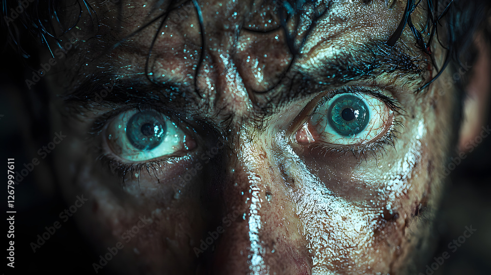 Close-Up Portrayal of Intense Emotion on a Wet Symbolic Face Close-Up Portrayal of Intense Emotion on a Wet Symbolic Face