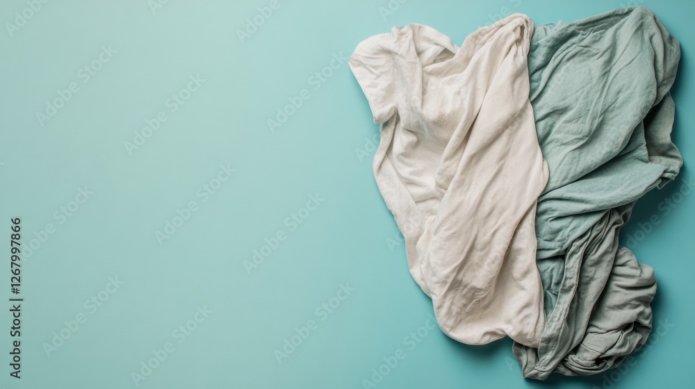 Comparison of dirty and freshly laundered clothes on a vibrant teal background. Generative AI Comparison of dirty and freshly laundered clothes on a vibrant teal background. Generative AI